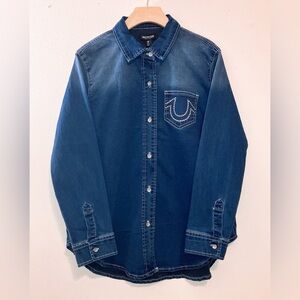 True Religion Denim Button down Blue Jean Shirt longsleeve Western Rhinestone